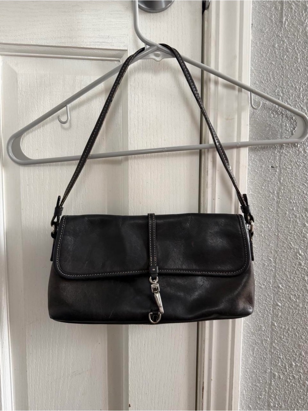 Black Leather Shoulder Bag with Silver Hardware
